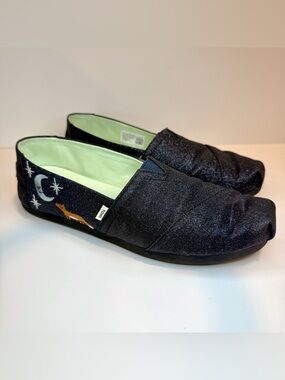 TOMS-Alpargata-Midnight Blue Sparkle Glitter Embroidered Fox-Size 8.5-In Box-EUC